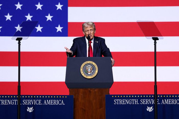 President Donald Trump addressing top military bosses at Marine Corps Base Quantico in Virginia. 
