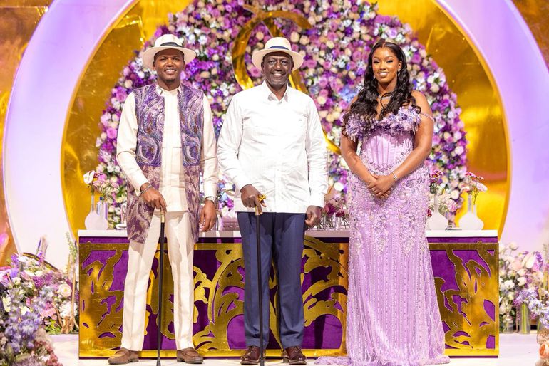 Trans Nzoia Senator Allan Chesang, President William Ruto and Chanelle Kittony during the couple’s chaik ceremony in Kitale