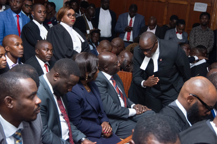 Former DP Rigathi Gachagua with Mukurweini MP John Kaguchia at the Milimani Law Courts