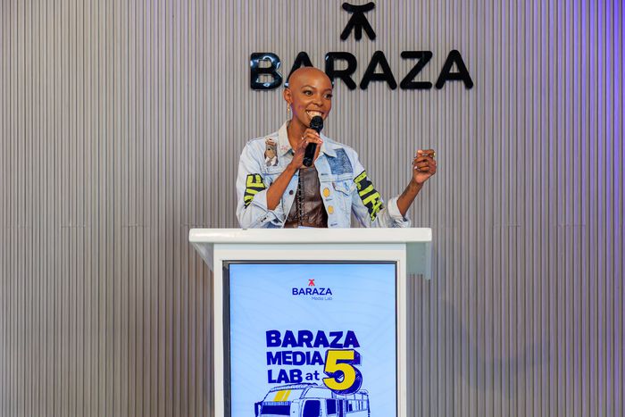 Adelle Onyango, Vice-Chair of the Baraza Media Lab Board of Directors, speaks at the Industrial Area Hub in Nairobi