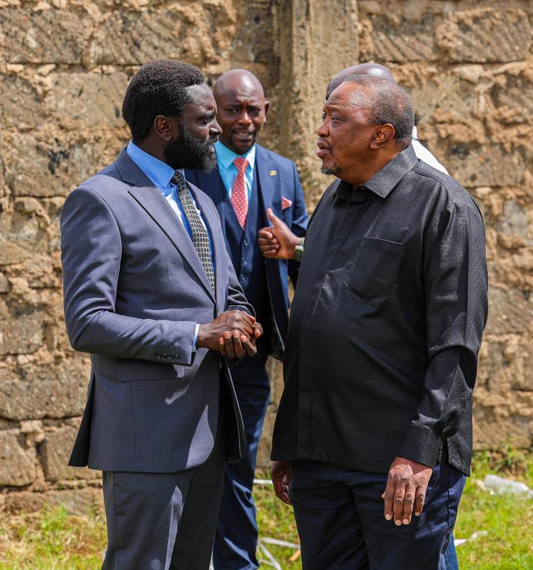 Retired President Uhuru Kenyatta with Nyandarua Senator John Methu in Kirinyaga on Saturday, October 3, 2026