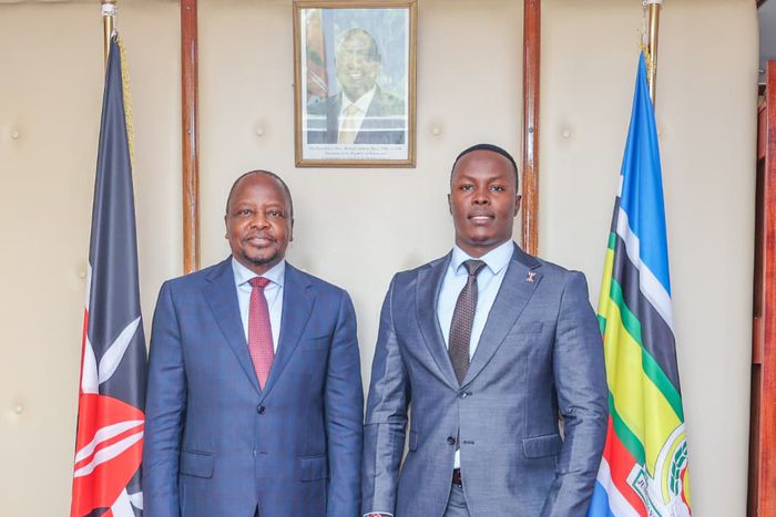 Agriculture Cabinet Secretary Mutahi Kagwe and his Communications Advisor Joel Chacha