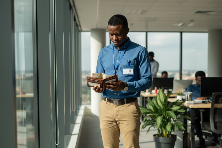 An AI illustration of a Kenyan employee looking at their wallet