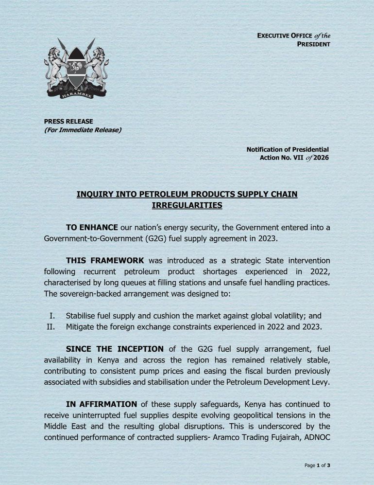 Presidential press release announcing the resignations of EPRA DG Daniel Kiptoo, Petroleum PS Mohamed Liban & KPC MD Joe Sang