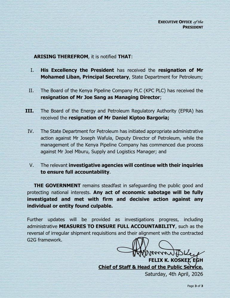 Presidential press release announcing the resignations of EPRA DG Daniel Kiptoo, Petroleum PS Mohamed Liban & KPC MD Joe Sang