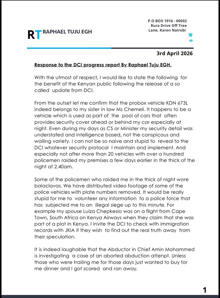 Raphael Tuju's statement, issued April 3, 2026