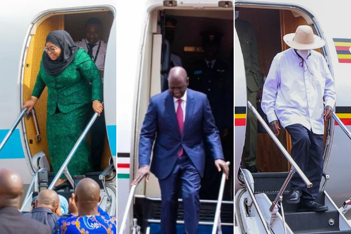 A collage of Presidents Samia Suluhu, William Ruto and Yoweri Museveni