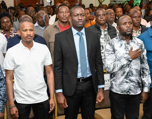 Babu Owino, Edwin Sifuna and George Natembea as the Nairobi Senator and Linda Mwananchi Movement presidential candidate unveiled his party.