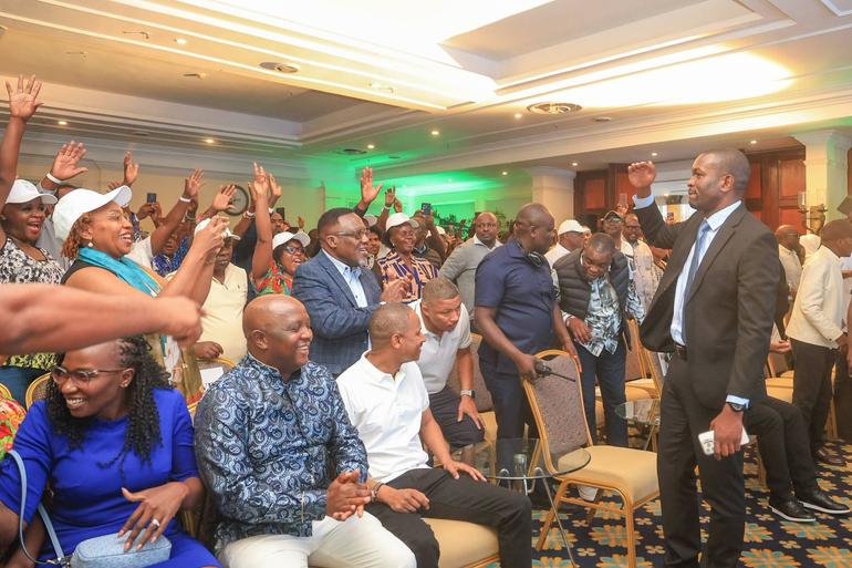 Babu Owino, Edwin Sifuna and George Natembea as the Nairobi Senator and Linda Mwananchi Movement presidential candidate unveiled his party.