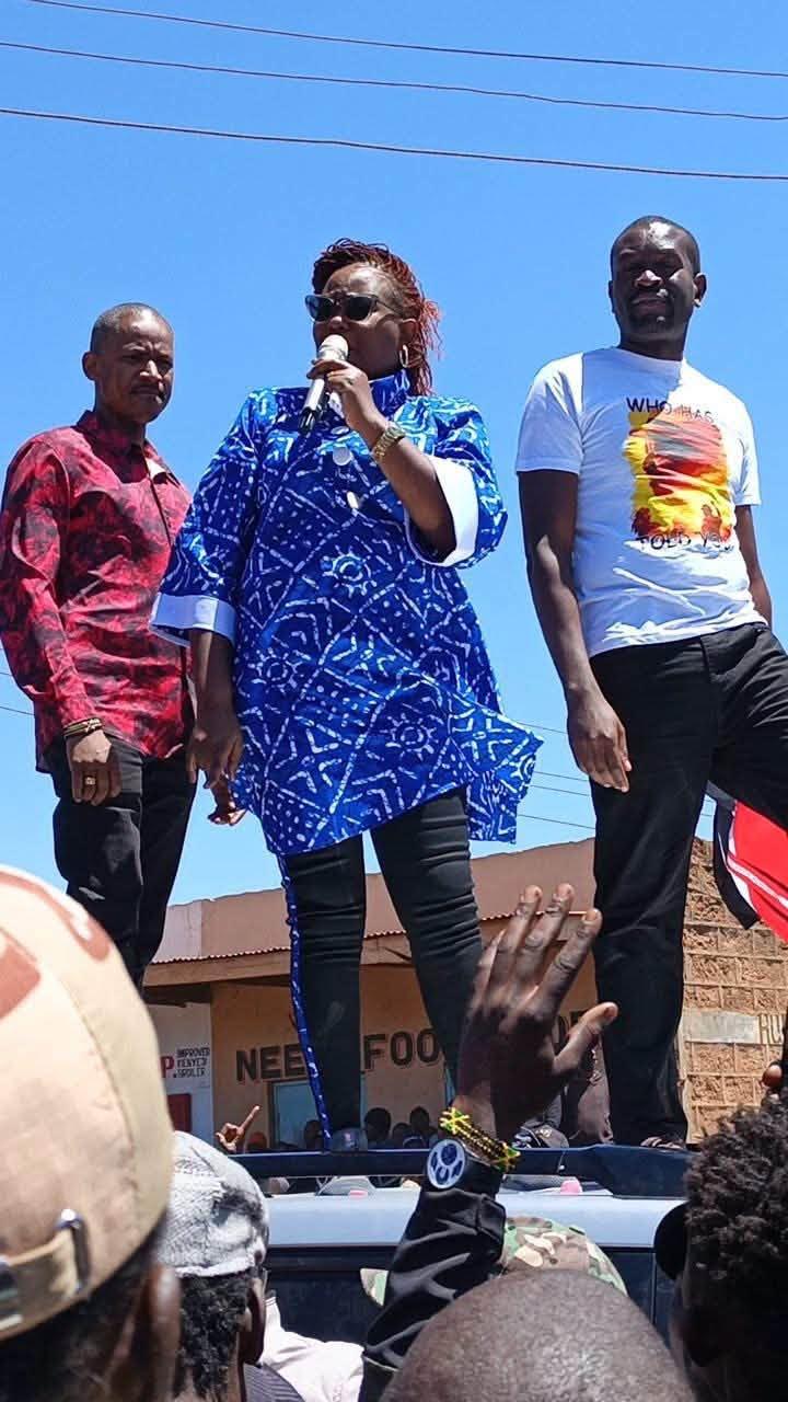 Former Meru Governor Kawira Mwangaza addressing a political rally in the company of Babu Owino and Edwin Sifuna