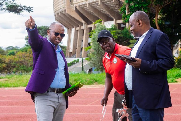 Prof. Erastus Abonyo leads Sports Kenya technical officers in a joint assessment, setting out, and offsetting exercise for pipework across the Main Stadium, Lower Annex, and Upper Annex as Kenya continues preparations to host AFCON (Image: Files)