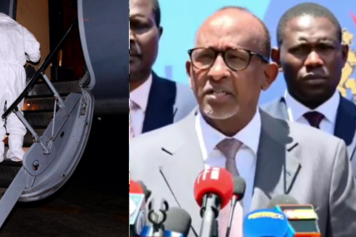 Photo collage of health professionals wearing protective gear while transporting an Ebola patient and Health CS Aden Duale at a press conference addressing Ebola preparedness in Kenya. (Image: WHO-NTV)