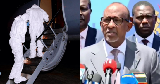 Photo collage of health professionals wearing protective gear while transporting an Ebola patient and Health CS Aden Duale at a press conference addressing Ebola preparedness in Kenya. (Image: WHO-NTV)