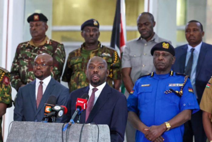 The Ministry of Interior led by CS Kipchumba Murkomen, PS Raymond Omollo, IG Douglas Kanja and other top security officials during a media briefing on the implications of insecurity incidents and measures to safeguard public order amid rising fuel prices