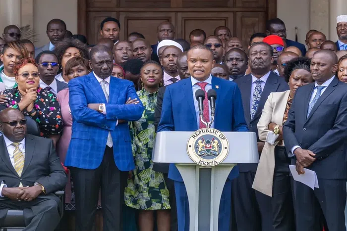 MPs at a press briefing shortly after Kenya Kwanza’s Parliamentary Group at State House on June 18, 2024.