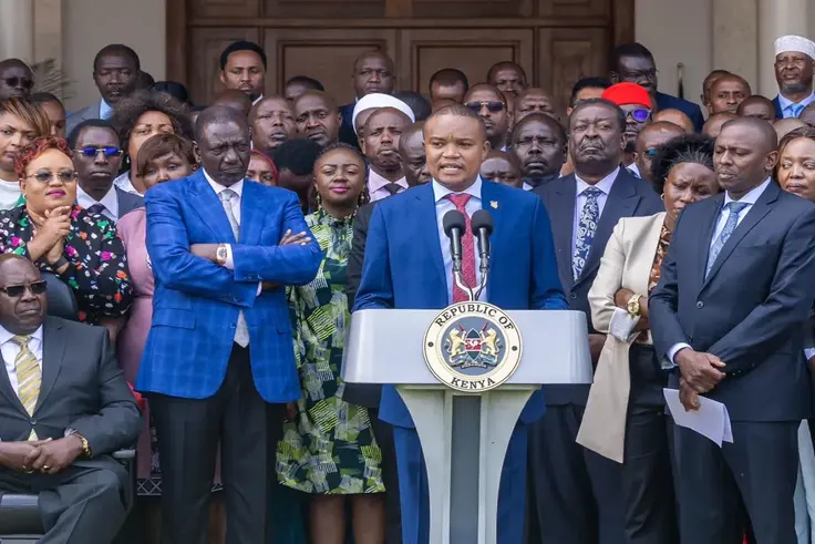 MPs at a press briefing shortly after Kenya Kwanza’s Parliamentary Group at State House on June 18, 2024.