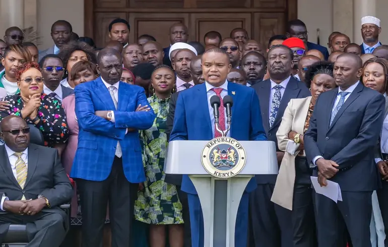 MPs at a press briefing shortly after Kenya Kwanza’s Parliamentary Group at State House on June 18, 2024.