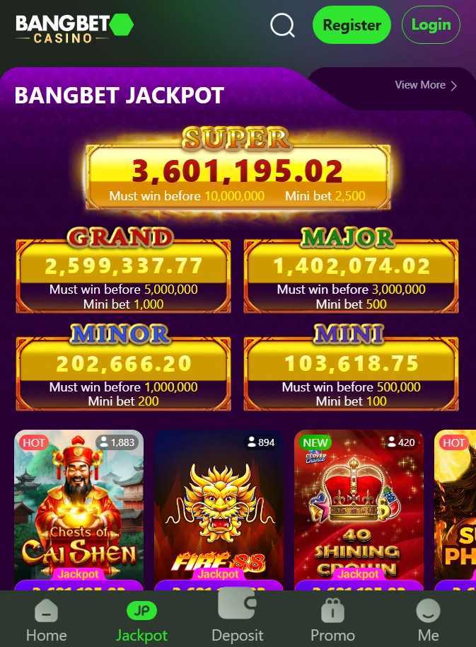 Bangbet Kenya casino jackpot games interface showing progressive jackpot tiers