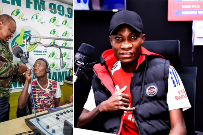 A collage of radio presenter Shaffie Zele with Uhuru Kenyatta and at Radio Maisha studio