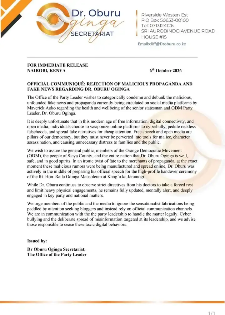 Oburu Secretariat later issued a formal communiqué calling the reports deliberate fabrications meant to mislead the public.