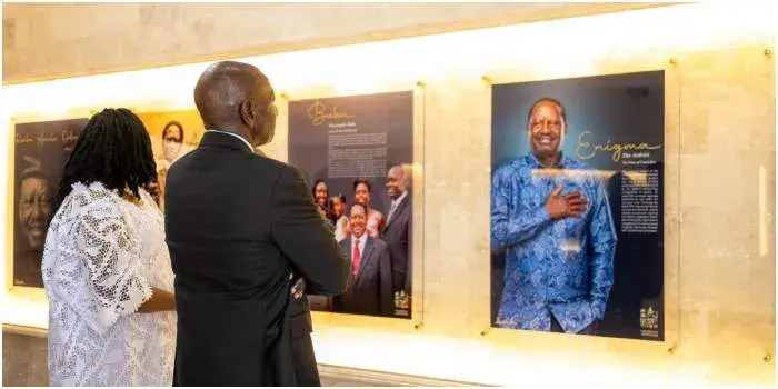 President William Ruto and Ida Odinga having a look at the late, former Prime Minister Raila Odinga's portraits at the Raila Odinga Mausoleum on October 7. (Image:PCS)