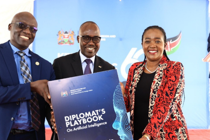 Kenya' Special Envoy on Technology Philip Thigo, Foreign Affairs PS Abraham Korir SingOei and Defence CS Soipan Tuya during the launch of the Diplomat's playbook on Artificial Intelligence at Uhuru Gardens