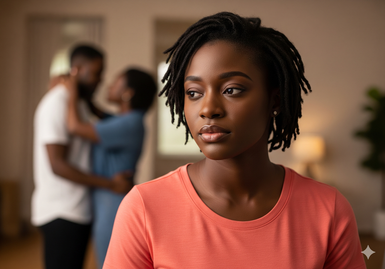 An AI-generated image of a young Black woman in a coral shirt looking pensive, while a blurred black couple in the background shares an intimate embrace