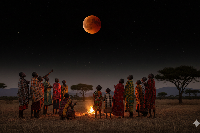 AI-generated photo of Africans looking up at the sky watching a lunar eclipse at night