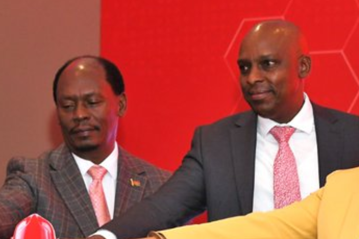 ICT Cabinet Secretary William Kabogo with CA Director General David Mugonyi. (File Image)