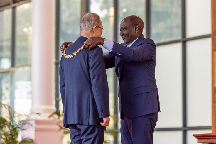 President William Ruto confers the Chief of the Order of the Golden Heart of Kenya award on former UN Secretary-General Ban Ki-Moon
