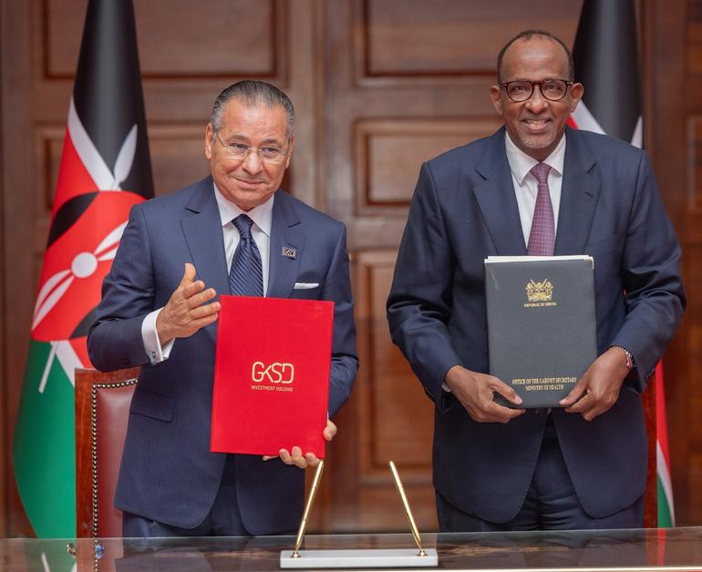 Health CS Aden Duale and GKSD Group chairman Kamel Ghribi display the signed healthcare partnership at State House, Nairobi (Image: Files)