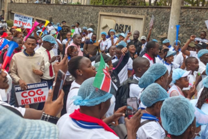 File image of  nurses and Midwives being led by the General Secretary to the Council of Governors-Kenya to demand implementation of 2017 return to work agreement, signing of CBA, implementation of Career Progression Guidelines