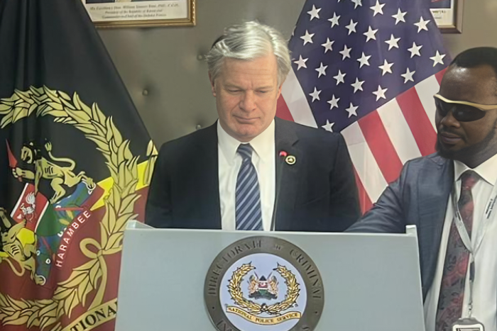 Federal Bureau of Investigations (FBI) Director Christopher Asher Wray during a past press briefing at the DCI headquarters in Nairobi
