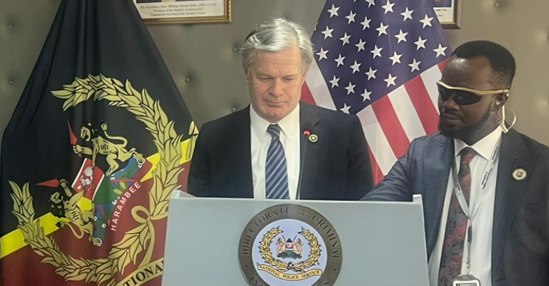 Federal Bureau of Investigations (FBI) Director Christopher Asher Wray during a past press briefing at the DCI headquarters in Nairobi