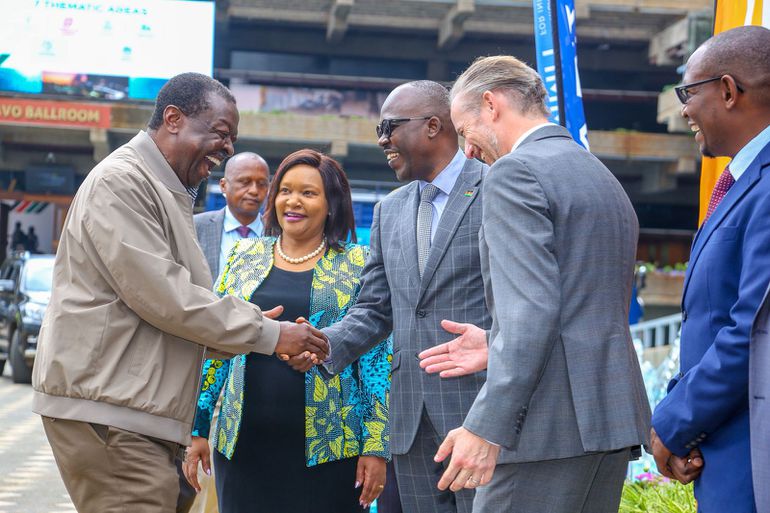 Prime CS Musalia Mudavadi shares a light moment with Tourism CS Rebecca Miano, Foreign Affairs PS Korir Sing’oei, and France Ambassador  Arnaud Suquet