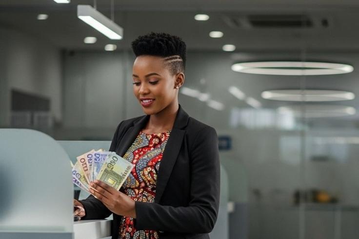 An AI-generated image of a lady holding banknotes