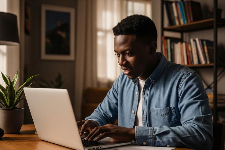 An AI-generated image of a young man using his laptop to apply for jobs