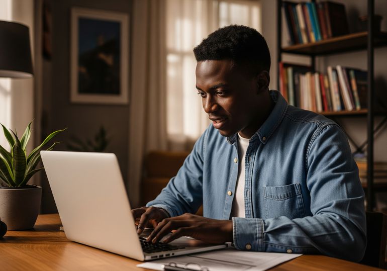 An AI-generated image of a young man using his laptop to apply for jobs