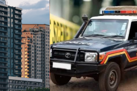 Photo collage of an apartment block and a Kenya Police vehicle