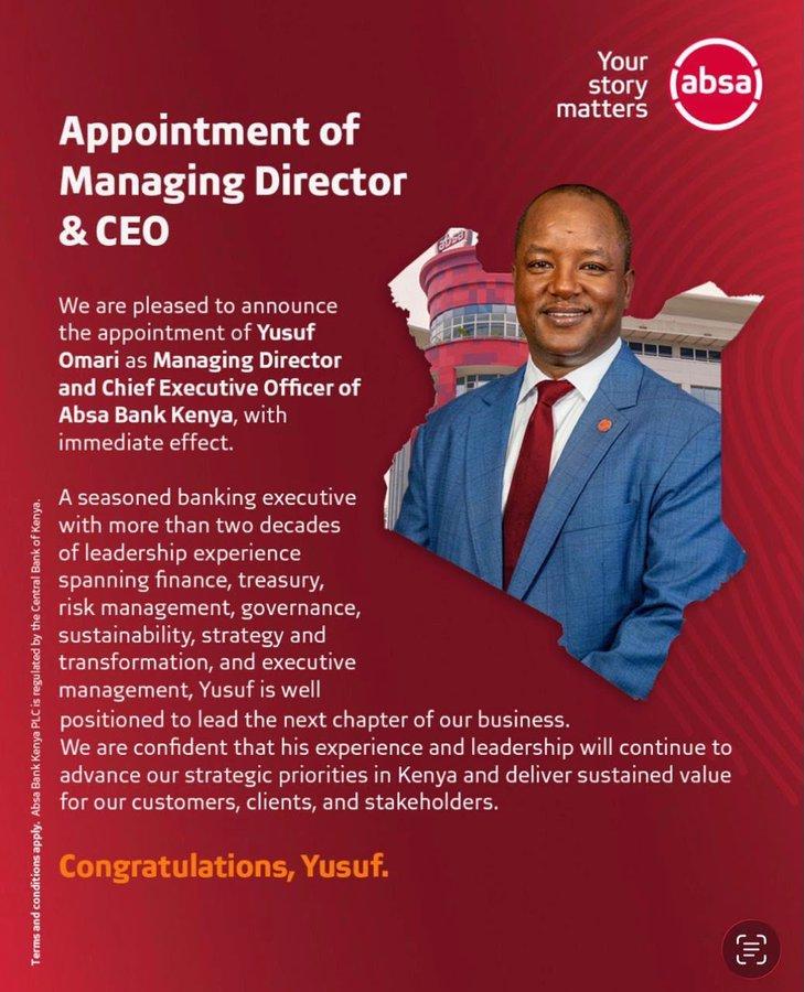 Absa Bank Kenya confirms Yusuf Omari as Managing Director & Chief Executive Officer with immediate effect