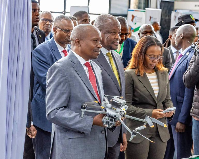 Deputy President Kiture Kindiki holds a drone during the Agriculture and Food Systems Transformation Summit in Nairobi (Image: Files)