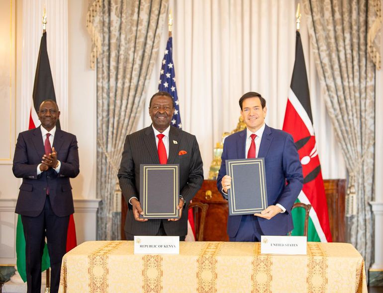 Prime CS Musalia Mudavadi and U.S. Secretary of State Marco Rubio display the deal as President William Ruto watches