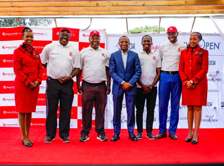 Image 1: Caption: Kenya Airways, Chief Commercial and Customer Officer, Julius Thairu with the sponsored golfers (Dismas Indiza, Isaiah Otuke, Justas Madoya and Jacob Okello) during the official partnership launch between MKO and Kenya Airways.