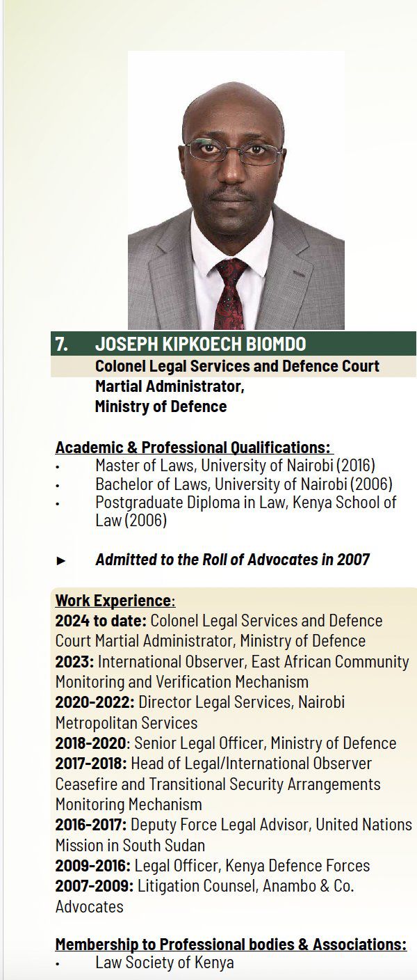 Career profile of Colonel Joseph Kipkoech Biomdo