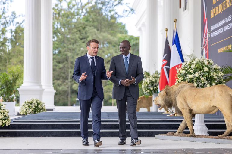 President William Ruto and French President Emmanuel Macron in State House Nairobi