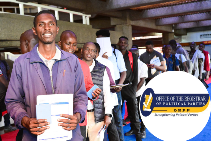Kenyans lining up for a job recruitment drive and the Office of the Registrar of Political Parties (inset)