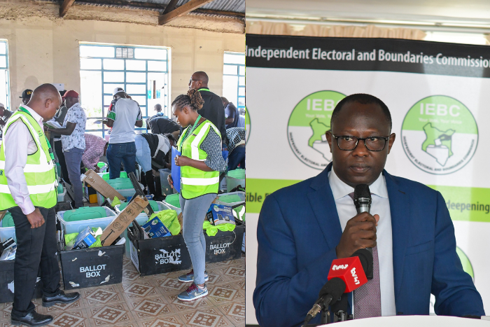 Photo collage of ORPP and IEBC officials at a past byelection exercise and IEBC chairperson Erastus Ethekon at a past event