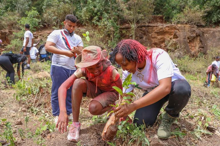 Green Generation Initiative (GGI) founder, Elizabeth Wathuti participating in a tree-planting exercise in Oloolua Forest, Turaco Camp to mark Mazingira Day on October 10, 2026.  2,000 indigenous trees were planted during the exercise.