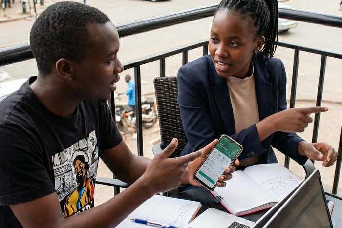 A photo of two young people discussing how to make money