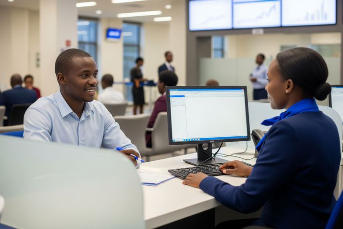 An AI-generated image showing a customer being attended to at a bank